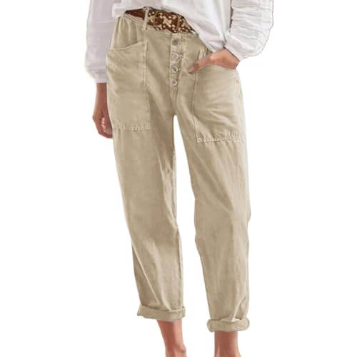 Luckywaqng Pantalones Y para mujer, holgados, de algodón/lino, para mujer en primavera/verano, embarazo, pantalones de mujer, beige, S