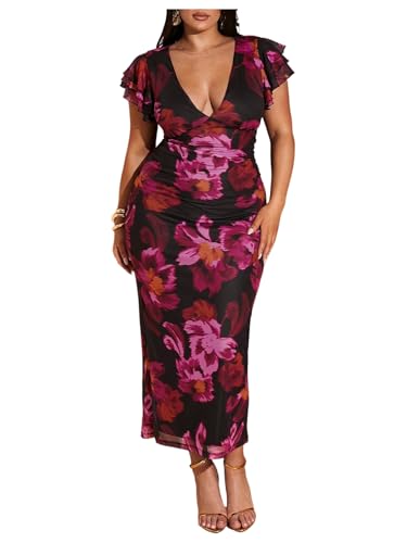 Women's Plus Size Floral Maxi Dress V Neck Ruffle Short Sleeve Bodycon Vacation Mesh Dresses