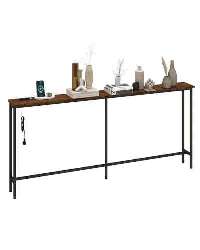 Ginhow Mesa consola de 160 cm de ancho con enchufe para salón, estantería estrecha con 2 USB y 2 enchufes, mesa consola estrecha en color marrón con metal negro, mesa vintage de 80 cm de alto