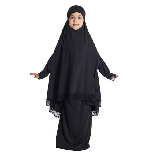 Kids Girls Abaya Muslim Full Cover Lace Hijab Dress Kaftan Dubai Islamic Prayer Dress, 2pcs Set