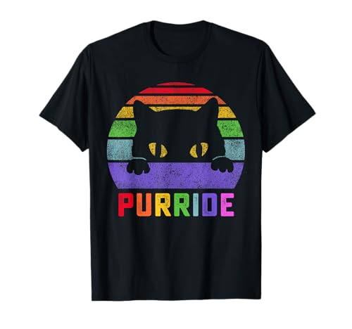 Pride Cat Purride Gay LGBTQ Rainbow Flag Retro Style T-Shirt