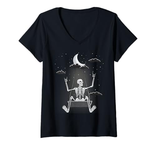 Damen Halloween Skeleton Swinging Moon Aesthetic Rock Concert Goth T-Shirt mit V-Ausschnitt