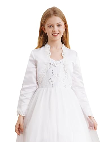 Kids Girls Long Sleeve Sparkle Bolero Cardigan Ruffle Trim Open Front Satin Shrug Cropped Outerwear Tops4