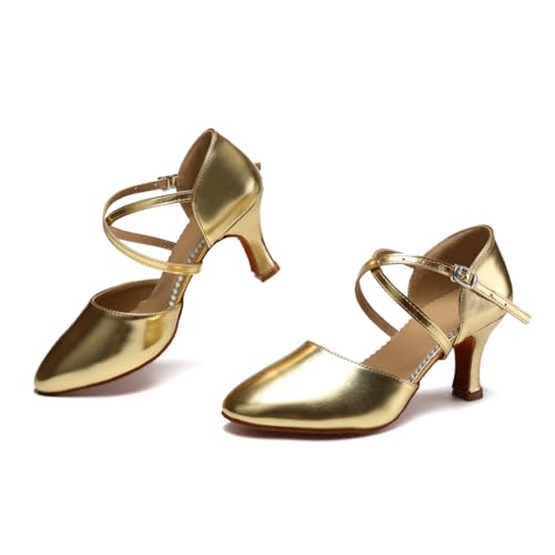 Swdzm RE-FT188-GOLD-7-38 Womens Ballroom Dance Shoes Closed Toe Latin Salsa Tango Social Practice Dance Shoes,Ft188,Gold,Heel 2 3/4",Suede Sole,Us 7 thumb #2