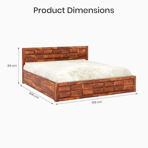 Image of MAMTA DECORATION Sheesham Wood Queen Size Bed with Box Storage, Wooden Double Bed Cot Palang Furniture for Bedroom Living Room Home (Honey Finish)
