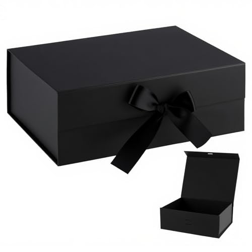 OFFASST Boîte Cadeau Vide en Carton Noir avec Couvercle - Boîte à Cadeau Réutilisable pour Mariage & Anniversaire - Coffret Cadeau Pliable avec Ruban - 23x17x7 cm