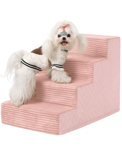 Vfrog Dog Stairs for Small Dogs,17.5" H,4-Step Dog Steps for Bed and Couch with High Density Foam,Non-Slip Pet Steps for Doggy and Cat,Pet Stairs with a Washable Cover,Pink