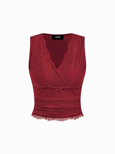Image of CIDER Lace Crop Tank Tops for Women Going Out V Neck Sleeveless Ruched Tops Trendy Y2K Summer Outfits