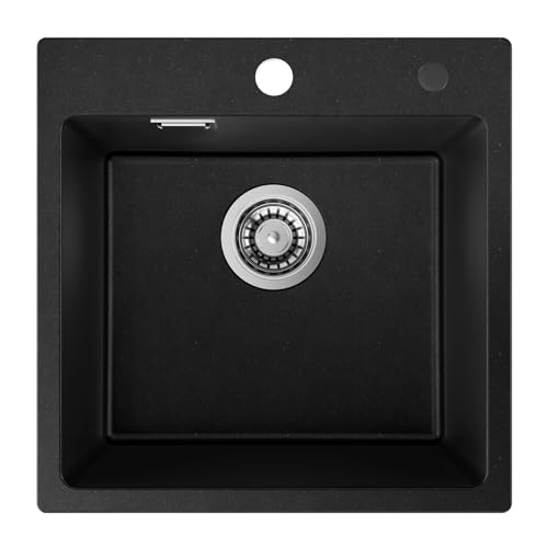 Auralum Fregadero Cocina Negro 45 x 45 cm, Granito Fregadero Cocina 1 Seno con Sifón y Juego Desagüe, Fregadero sobre encimera al mueble 45 cm
