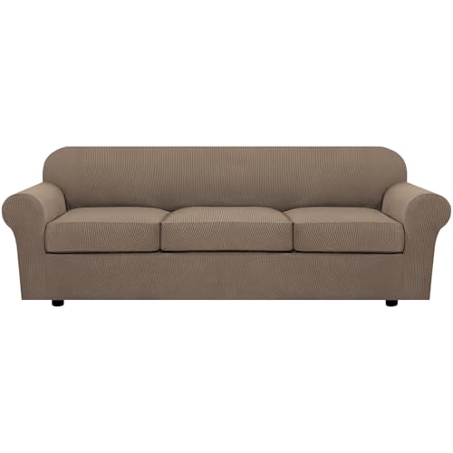 H.VERSAILTEX 4 Piece Stretch Sofa Covers for 3 Cushion Couch Covers for Living Room Furniture Slipcovers (Base Cover Plus 3 Seat Cushion Covers) Thicker Jacquard Fabric (Large Sofa, Macchiato)