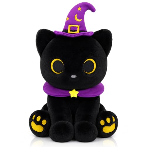 Image of Black Cat Plush - Halloween Stuffed Animal with Witch Hat & Scarf | 8inch Soft Spooky Plush Toy for Kids, Cute Boo Gift for Halloween Favor & Basket Stuffer