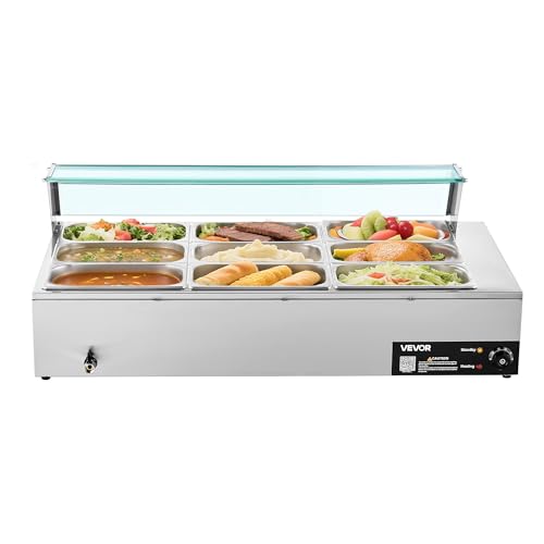 VEVOR Chauffe-Plat Électrique à Vapeur 1500 W, Buffet Chauffant en INOX, Bain-Marie avec 9 Bacs de 1/3, Couvercle en Verre et Louches à Soupe et Perforées,...