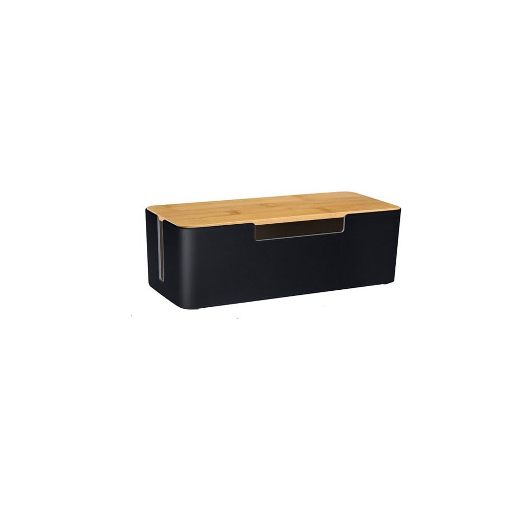 BUYSK ABS Cord Organizer Box with Wooden Lid, Cable Management Box for Power Strips or Surge Protectors, Desk Cable Tidy Box for Office Home(Black)