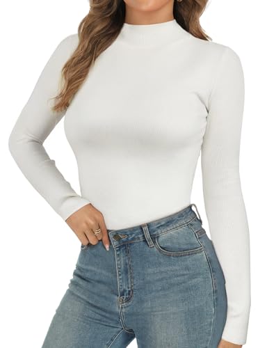 Image of Women's Mock Neck Long Sleeve Shirts Ribbed Knit Sweaters Lightweight Basic Slim Fitted Thermal Underwear Tops