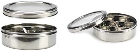 Authentic Indian Spice Tin Stainless Steel Masala Dabba With Transparent See Through Lid Curry Cooking Spice Tiffin Tin Box Kitchen Masala Container 7 Compartments Storage Box Set (17cm)