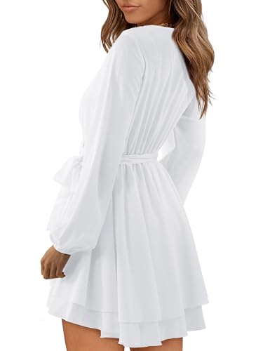 Image of Women Wrap Dress Casual Mini V Neck Fall Long Sleeve Wedding Guest Dresses with Belt