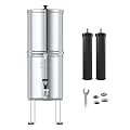 USWF Gravity Fed Water Filter System - 2.25 Gal Stainless Steel w/ 2 Carbon Filters, Portable Countertop Filtration System, Metal Sight Glass Spigot, Stand, NSF/ANSI 372 Certified