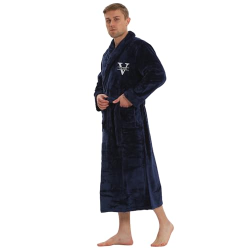 Personalized Plush Robe for Women and Men | His and Her Robes with Custom Name/Monogram | Super Soft Luxurious Spa Bathrobes - Navy - X-Large