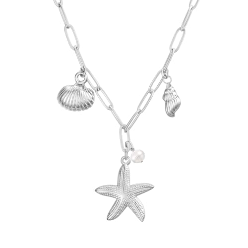 Collier coquillage et étoile de mer en acier inoxydable pour femme