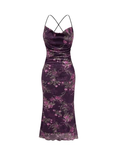 Image of SOLY HUX Women's Floral Mesh Bodycon Cami Dress Cowl Neck Sleeveless Cocktail Party Wedding Guest Long Maxi Dresses