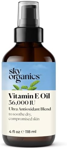 Sky Organics Vitamin E Oil Blend for Face, Organic Antioxidant Facial Oil, 30,000 IUs to Deliver Reparative Moisture and Soothe Dry, Damaged Skin, 100% Pure & Cold-Pressed, 3.97 fl oz, 117 ml