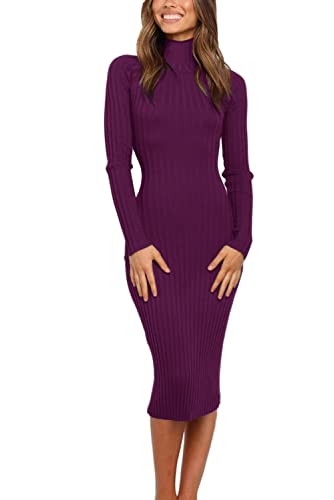 Image of MEROKEETY Women's Ribbed Long Sleeve Sweater Dress High Neck Slim Fit Knitted Midi Dress