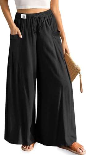 TARSE Women's Linen Wide Leg Pants Flowy Palazzo Trendy Casual Lounge Boho Drawstring Trousers Summer Beach with Pockets(Black, S) — Amazon listing image