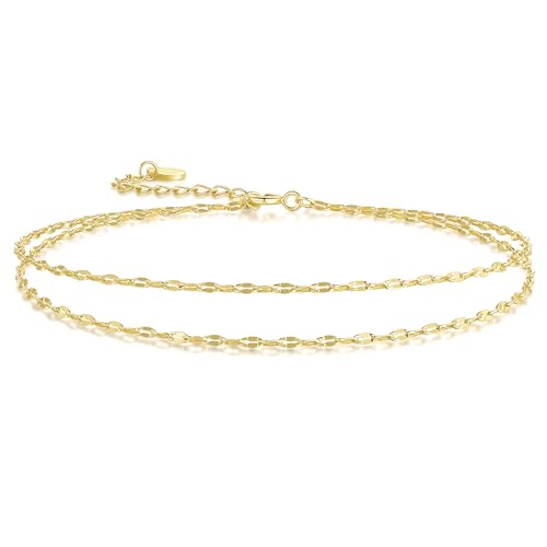 14K Gold Anklets for Women Gold Ankle Bracelets for Women Layered Anklet for Womens Ankle Bracelets Flat Mirror Chain Double-Layer Design Dainty Anklet for Womens Anklets 9.4'' to 11''
