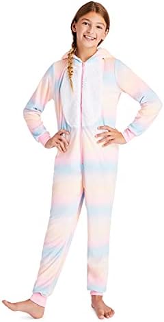 Girls Plush Fleece Hooded Onesie Sleepwear, Footless, Half Zip Kids Pajamas