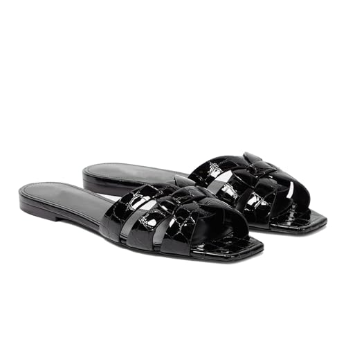 Image of THESHY Women's Flat Sandals Square Toe Patent Leather Comfortable Slip on Slippers Casual Summer Dressy Beach Slide Sandals for Women
