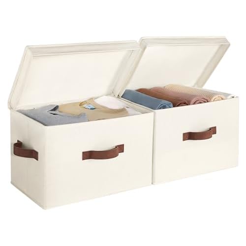 StorageWorks Fabric Storage Bins with Lid, Decorative Storage Boxes for Shelves, Stackable Closet Organizer Basket with Handles, Large, Ivory White, 2-Pack