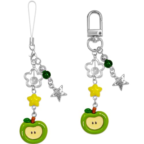 Nalefow 2PCS Cute Phone Charms Aesthetic Y2k Pink Guitar Strawberry Star Phone Straps Key Chains for Keys Bags Camera (Green Apple)