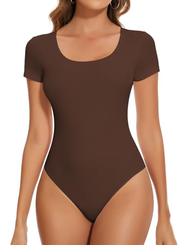 SHAPERIN Women Short Sleeve Bodysuit Crew Neck Thong Bodysuit Top Basic Summer Tshirt Leotard Casual Tee, Brown, L