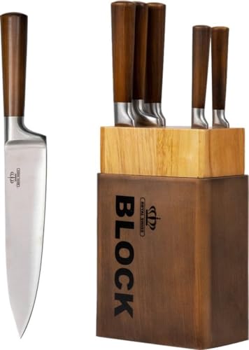 Royal Swiss Juego de 6 cuchillos con bloque de cuchillos y afilador de cuchillos – Cuchillos de cocina de acero inoxidable con mango de madera – Juego de cuchillos de cocina profesional marrón