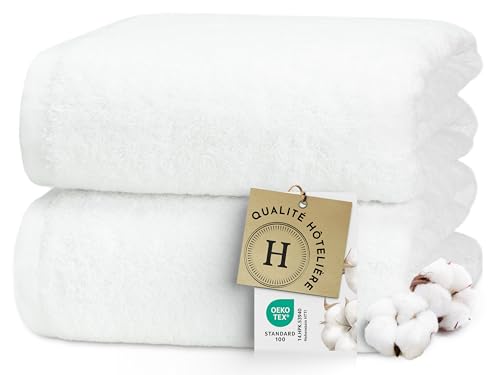 ZOLLNER Set de 2 Serviettes Bain Premium 100x150 cm – très absorbantes et Douces, Blanc – Ourlet Haut de Gamme – lavables à 95°C – Coton – qualité hôtelière – certifiées Oeko Tex®