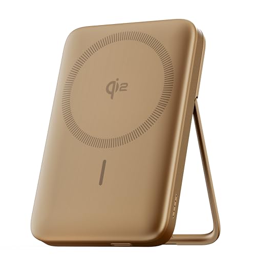 Ambrane Qi2 Magsafe Wireless 10000mAh Powerbank, Faster 15W Wireless Charging, Better Magnetic Strength, Low Heat with Qi2 Certified Technology, Metal Stand, for iPhone 12 or Later (MagSurge, Golden) view 1