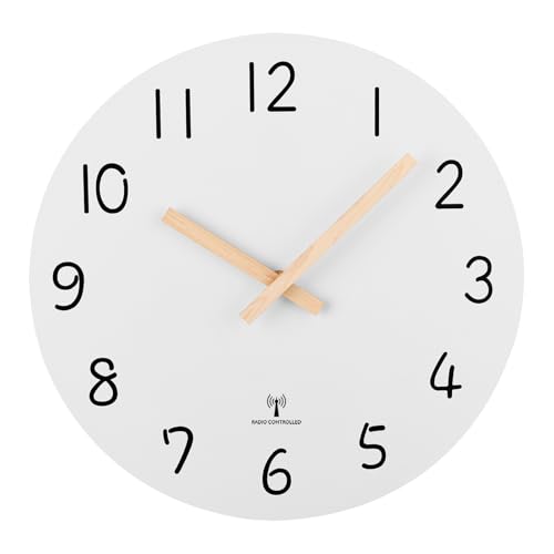 Plumeet 30cm Holz Wanduhr Rahmenlose Wanduhr mit Geräuschlosem Quarzwerk - Moderner Minimalistischer Stil Weiße Uhr Dekoration Wohnzimmer Schlafzimmer Küche - Batteriebetrieben