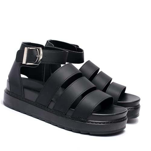 GHARIE CHAMPIONS Women’s Gladiator Wedge Summer Sandals – Strappy Platform Shoes with Adjustable Straps, Soft Sole & Non-Slip Design (BLACK, Adult, Women, 6, Numeric, UK Footwear Size System, Medium)