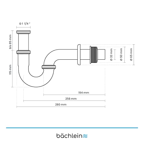 Wasserwelten Universal Siphon für Waschbecken & Waschtisch - Abflussgarnitur passgenau - Geruchsverschluss inkl. Gummimanschette + Einbauanleitung - Röhrensiphon Ablaufgarnitur