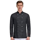 Men’s Double-Breasted Chef Coat Classic Stand Collar Tailored Long Sleeve Chef Jacket Professional Kitchen Apparel（1-Gray,Medium