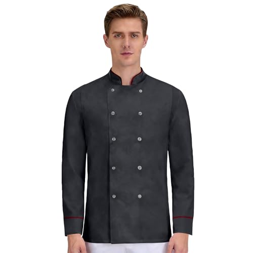 Men’s Double-Breasted Chef Coat Classic Stand Collar Tailored Long Sleeve Chef Jacket Professional Kitchen Apparel（1-Gray,Medium