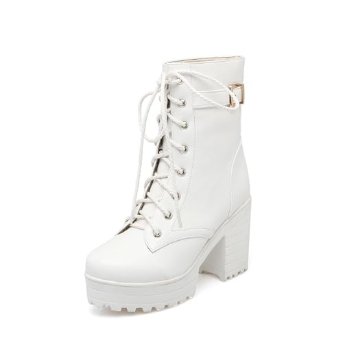 MEECHI Gothic Plateau Stiefeletten Damen PU-Leder Biker Booties Blockabsatz Ankle Boots Mit Schnalle Herbst Winter Schnürstiefel Sexy High Heels Knöchel Schuhe Für Party(White,40 EU)