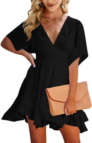 Imily Bela Damen Sommerkleid V Ausschnitt Kurzarm Freizeitkleider Rüschen Strandkleid A-Linie Einfarbig(Schwarz,L)