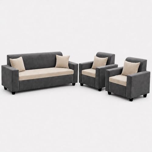 Image of FURNY QualityWood 3 Seater + 1 Seater + 1 Seater Fabric Sofa Set (Cream-Dark Grey) with Velvet Finish | Durable Comfort | Ideal for Living Room