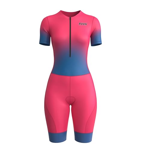 RUUN Combinaison de triathlon pour femme à manches mi-longues avec poches en maille, combinaison rembourrée avec réflecteur haute visibilité, combinaison...