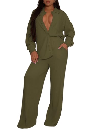 TodTan Two Piece Sets for Women Long Sleeve Button Down