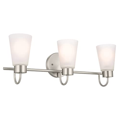 Image of Kichler Erma 3-Light Bathroom Vanity Light Fixture with Satin Etched Glass Shades, Updated Traditional Wall Lighting in Brushed Nickel for Mirror, (23 inch x 8.5 inch x 6 inch), 55126NI