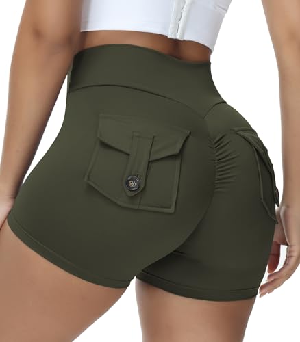 MIHRUSEM Scrunch Biker Shorts with Pockets for Woman High Waist Gym Workout Shorts Yoga Running Shorts Olive Drab