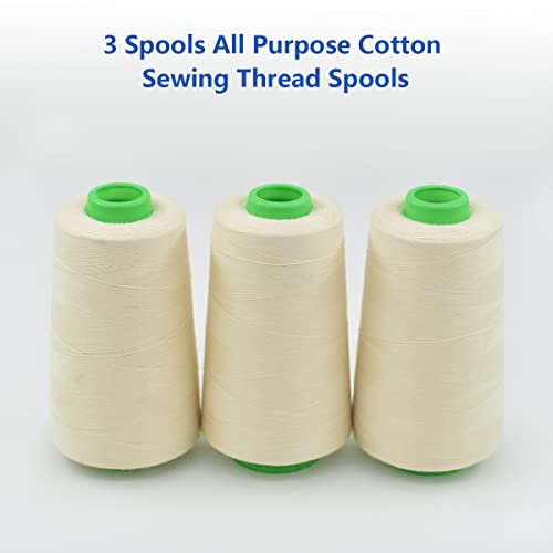 3 Spools Raw White All Purpose Sewing Cotton Thread Spools From For Serger, Overlock, Quilting, Sewing Machine 40/2 Connecting Threads For Sewing Machine And Hand Repair Works, 3000Yard/ Spools #TOP3