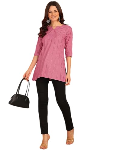 Image of DSK Studio Women's Cotton Short Kurti with Notch Neck Line 3 /4th Sleeves Abstract Pattern Short Length and Regular Fit
